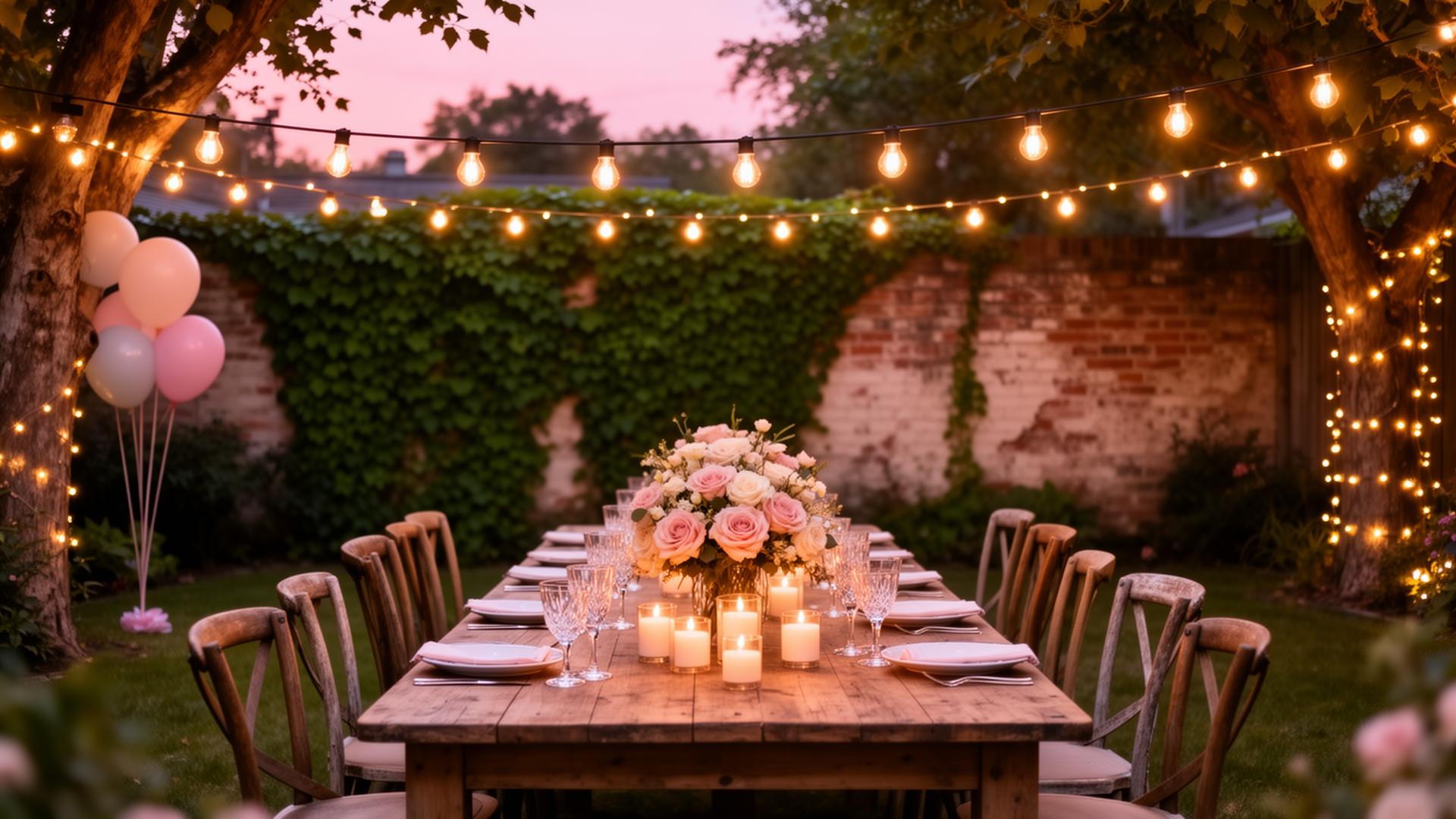 Backyard set with farmhouse table, candles, blush florals, and warm string lights at dusk