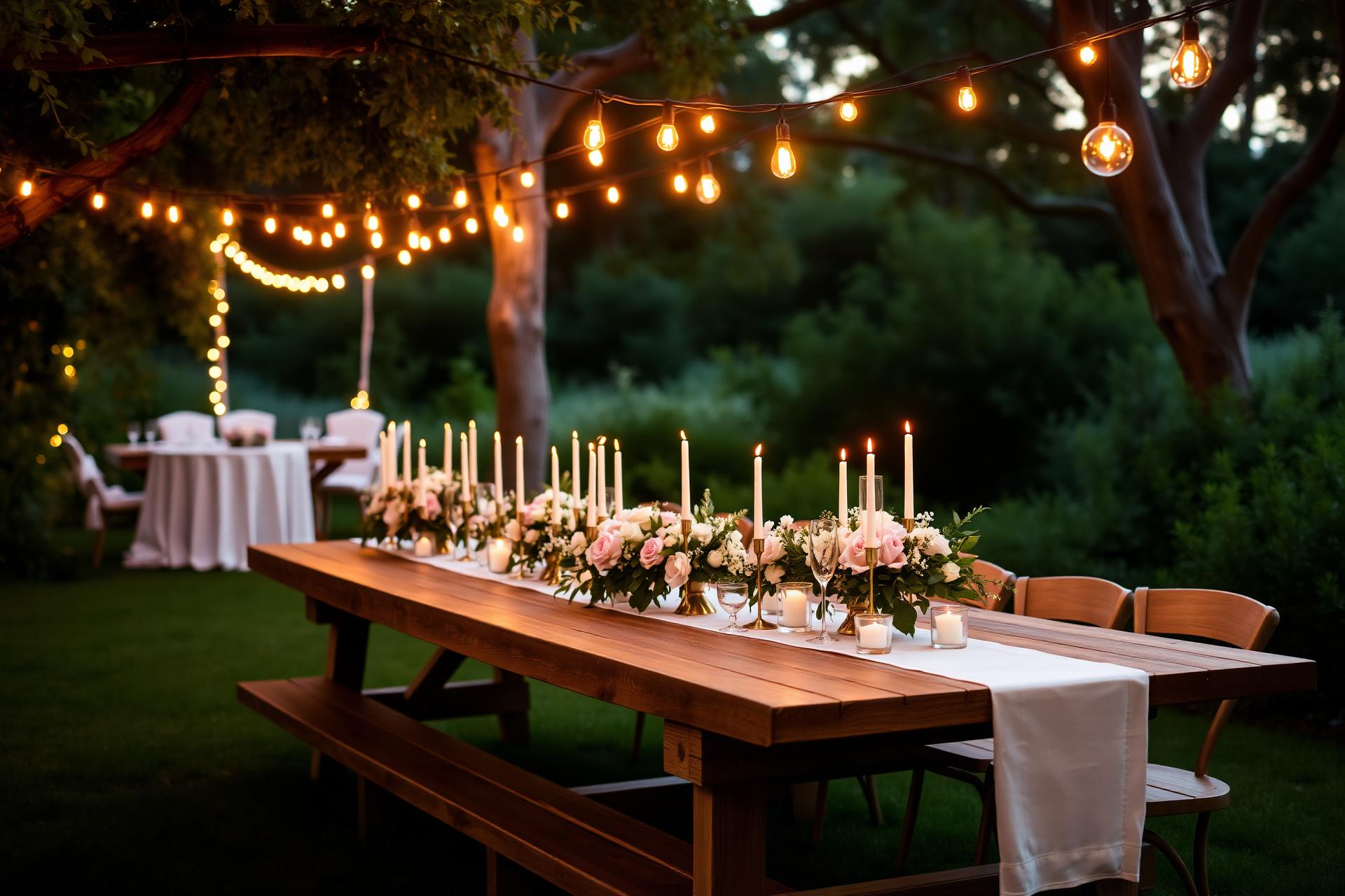 Backyard set with farmhouse table, candles, blush florals, and warm string lights at dusk